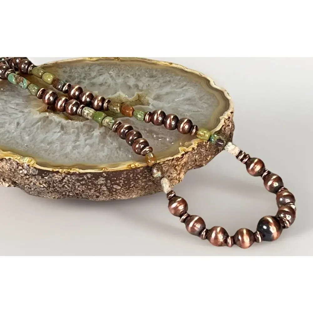 Royston Turquoise Oxidized Copper Desert Pearl 16” Southwestern Beaded Necklace - Picture 8 of 13